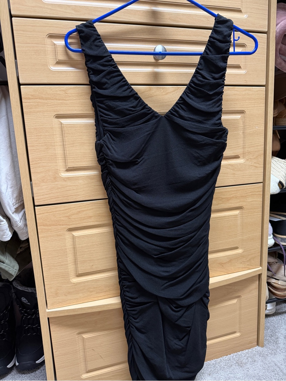 Express Black Ruched V-Neck Midi Dress (Sleeveless)